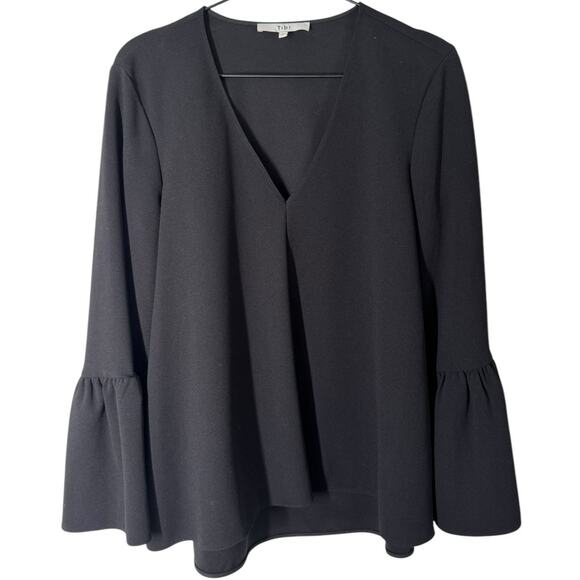 Tibi Structured Crepe V‎ Neck Ruffle Top Black Small Basic Staple Minimal Luxury - Picture 5 of 11